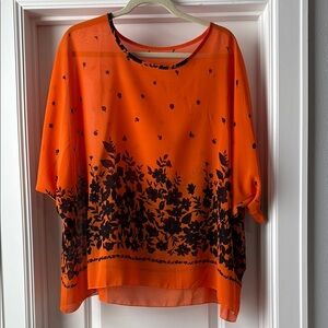 Orange Floral Sheer Women's Top